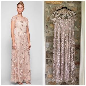 Adrianna Papell Embroidered Illusion Overlay Metallic Floral Gown Gold Champagne